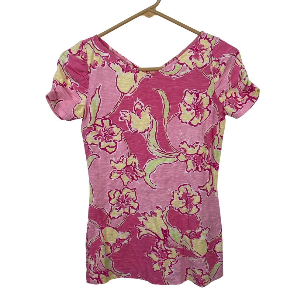 Lilly Pulitzer Womens Pink Yellow Floral Cotton Ruched Sleeve V-Neck Top XS
